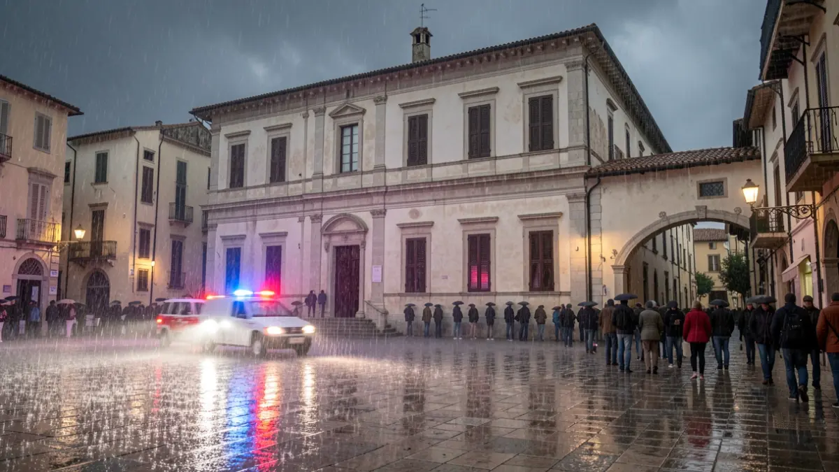 Imatge genèrica de pluja intensa sobre la façana d'un ajuntament mediterrani amb llums d'emergència.