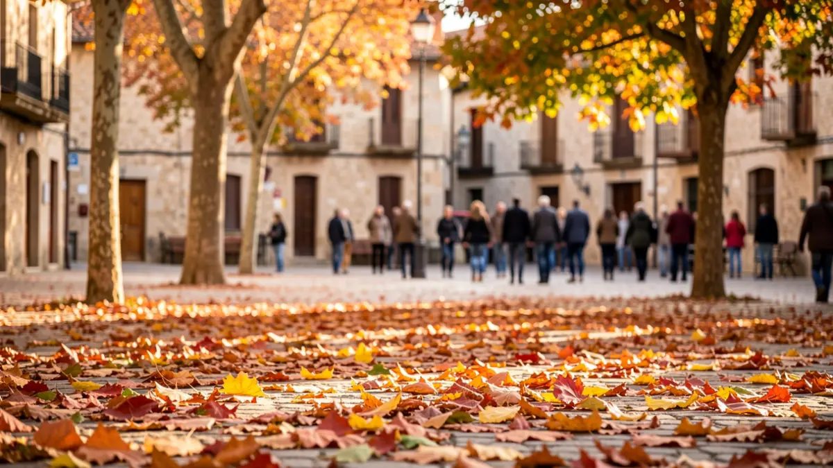 Autumnal scene in a Catalunya square with tree leaves and stone buildings in the background.