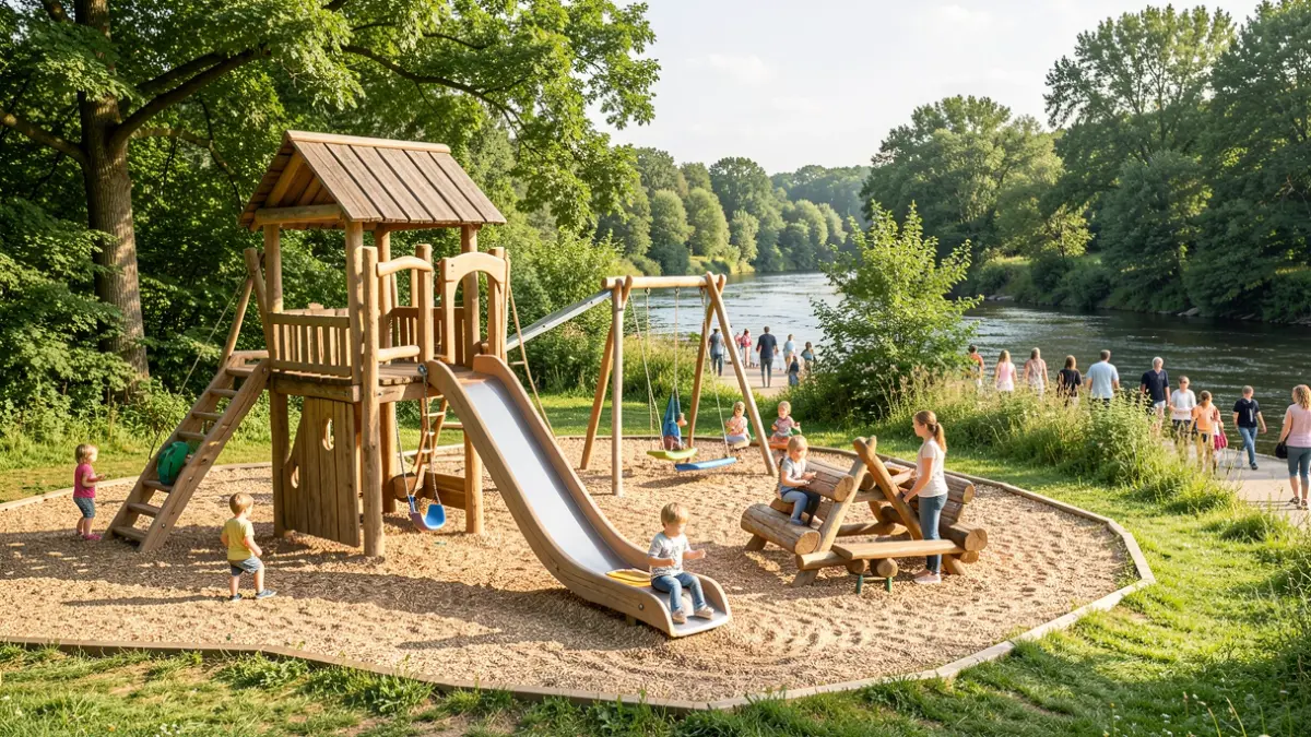 Nou parc infantil al Passeig del Riu de Sarrià de Ter, construït amb materials naturals.