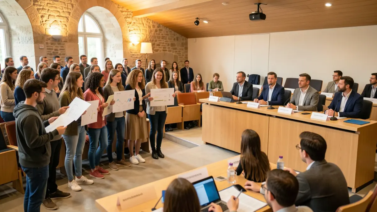 Estudiants presentant els seus treballs de recerca en un entorn acadèmic.