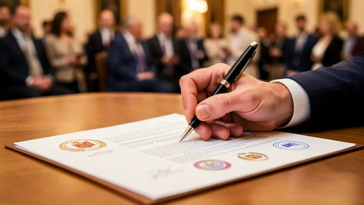 Imatge genèrica d'una mà a punt de signar un document oficial.
