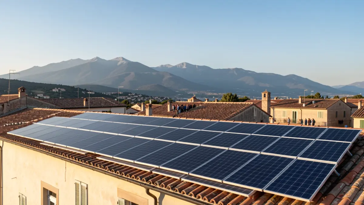 Panells solars instal·lats a la coberta d'un edifici públic a Bagà, amb els Pirineus al fons.