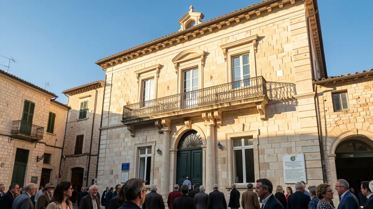 Generic image of a Mediterranean town hall facade with a balcony and blue sky.