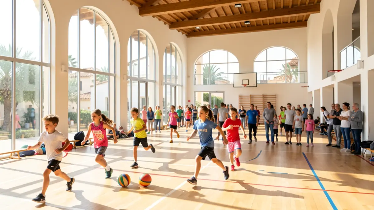 Niños y niñas haciendo deporte en una instalación deportiva moderna.