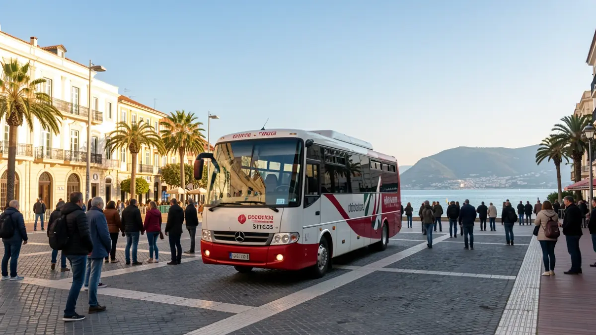 Blood donation bus in Sitges with the sea in the background.