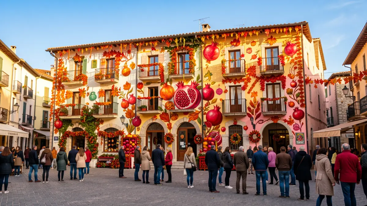 Facade decorated with autumn-inspired and festive elements.