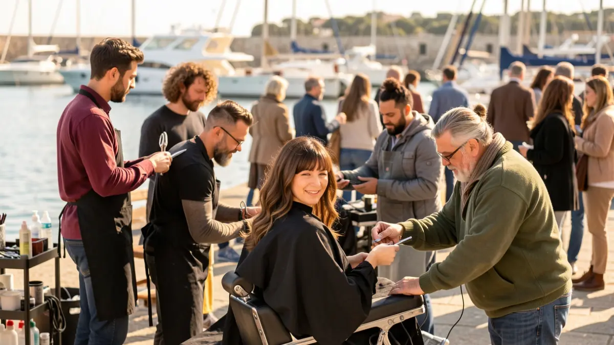 Professionals de la perruqueria i barberia oferint serveis solidaris al port de Cambrils.