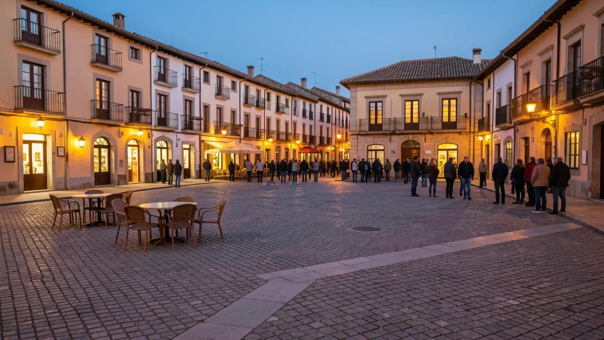 Plaza de Solsona al atardecer, con arquitectura mediterránea y luces cálidas, sugiriendo una fiesta pospuesta.