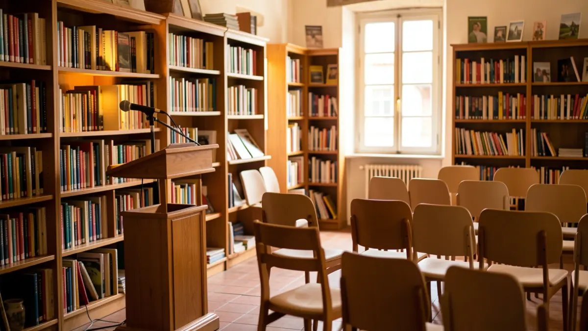 Imatge genèrica d'una sala d'activitats culturals amb llibres i cadires.