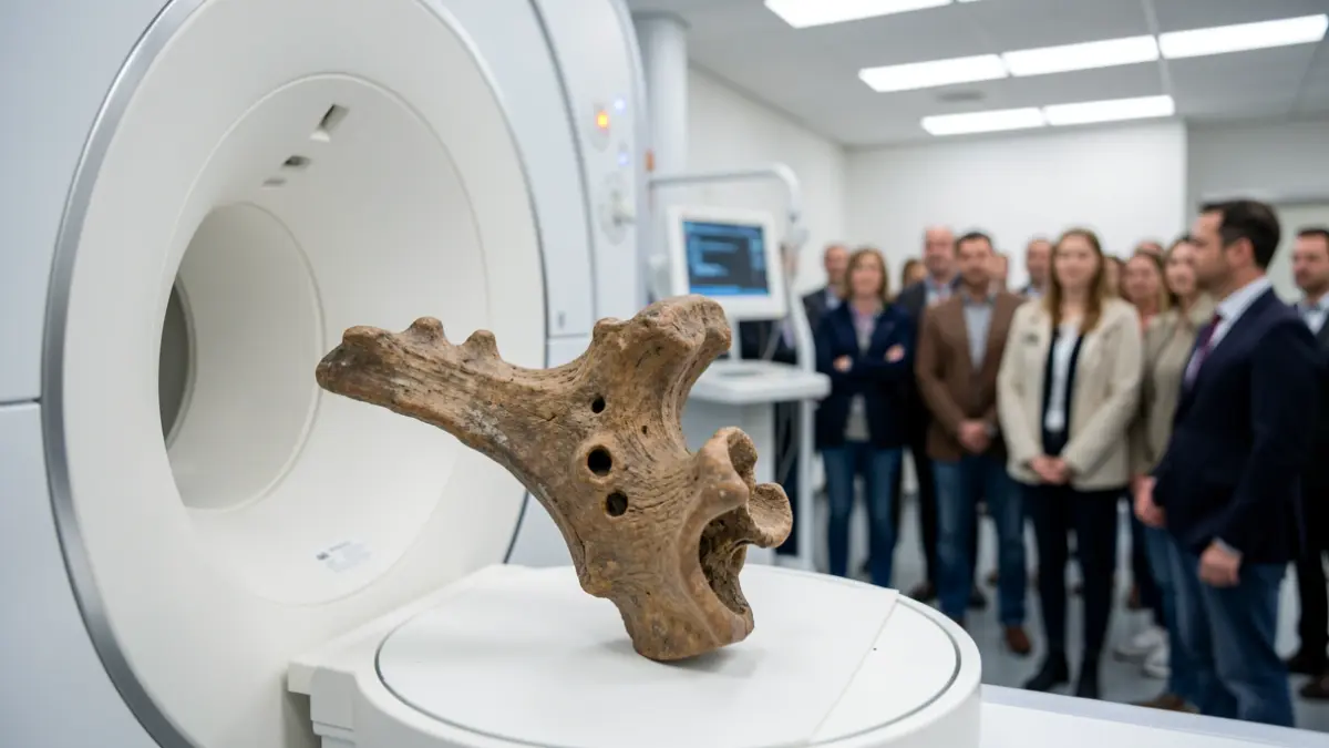 Vértebra de dinosaurio dentro de un aparato de TAC en el Hospital del Pallars.