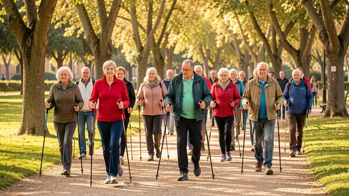 Group of people practicing Nordic walking in a Catalan park with an instructor.