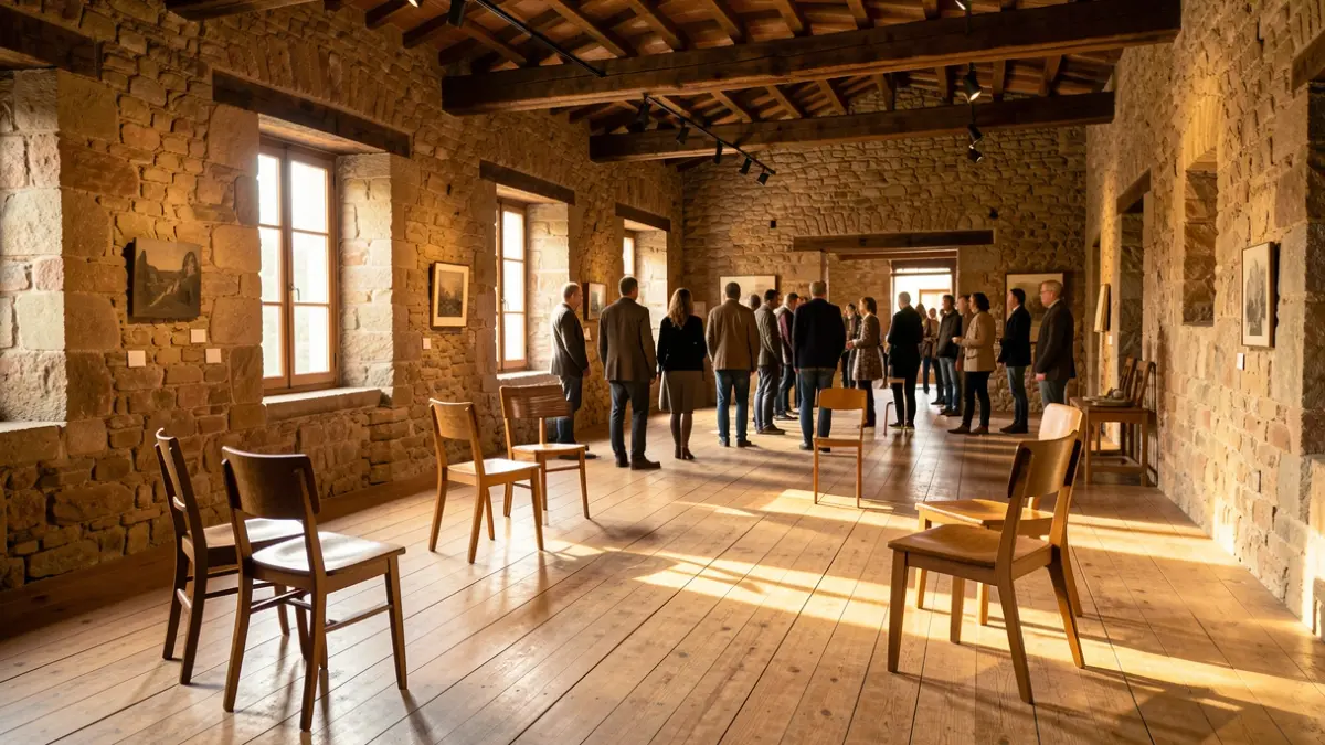 Interior d'un museu amb cadires i llum càlida.