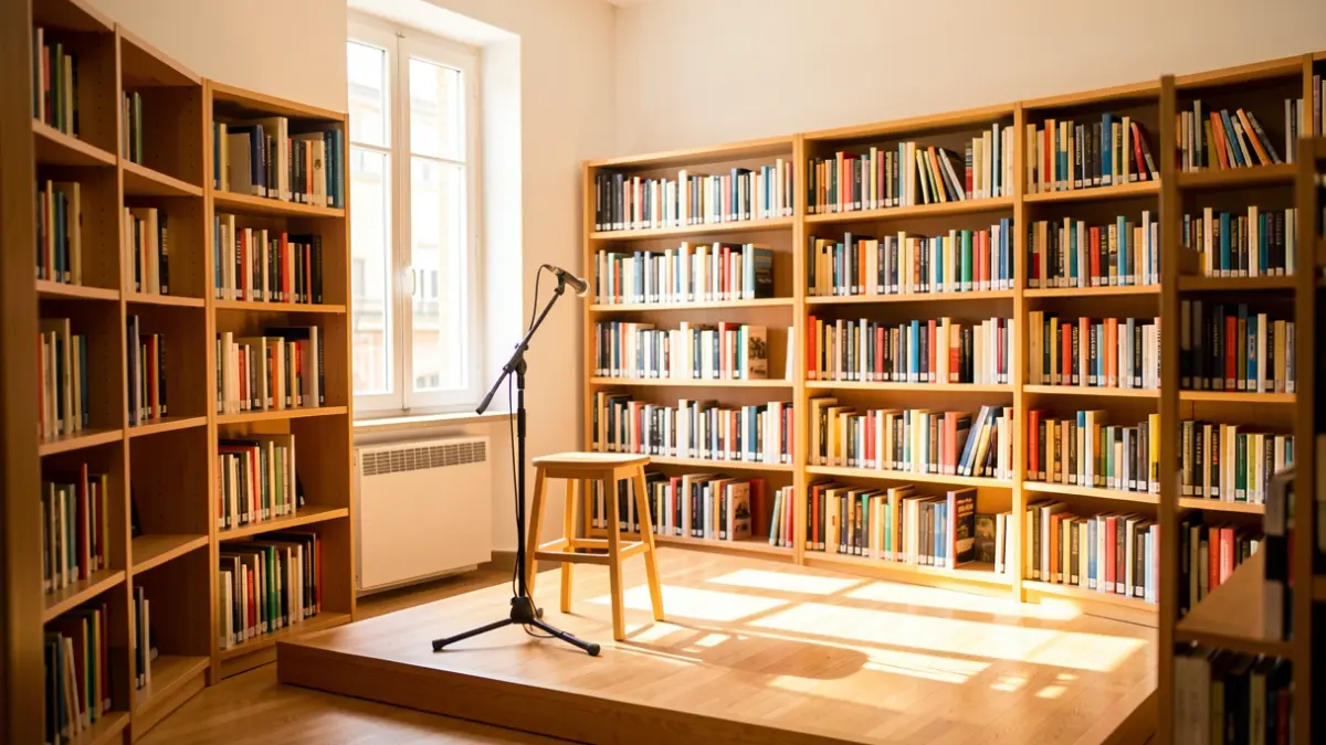 Interior de una biblioteca moderna en Catalunya con un pequeño escenario preparado para un taller.