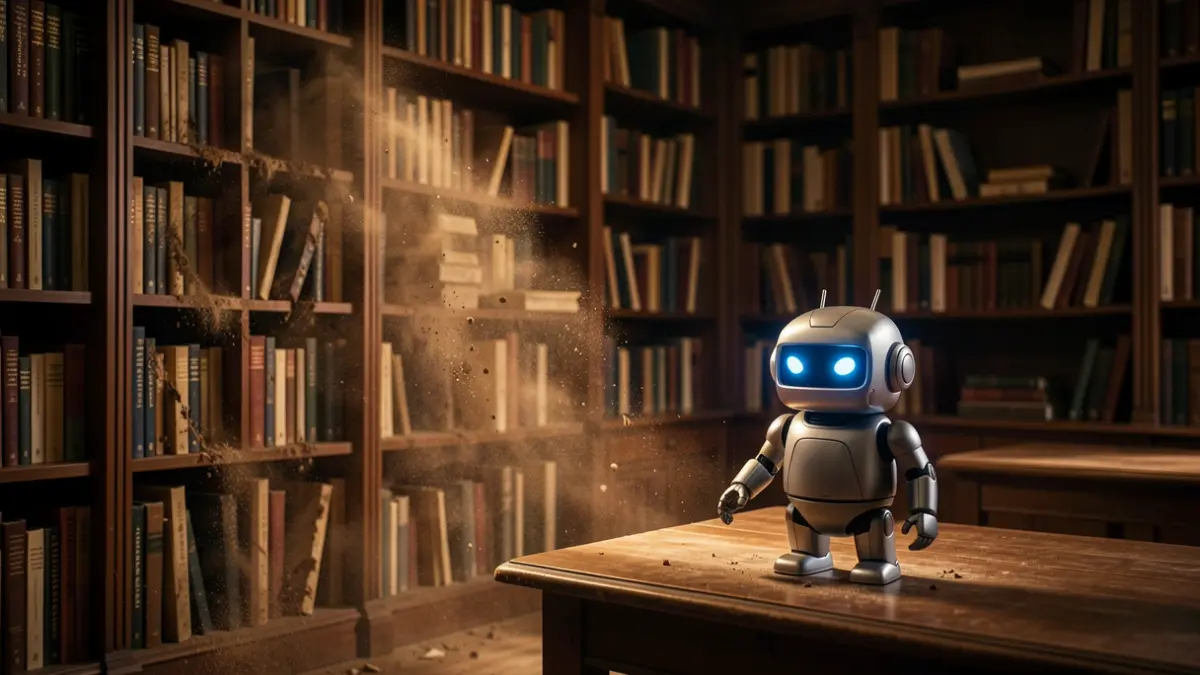 Interior of a library with disintegrating books and a robot.