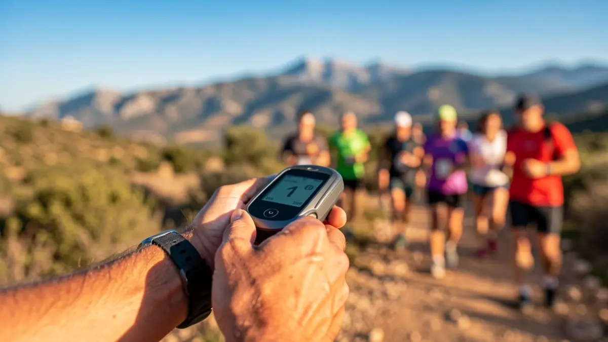 Persona utilitzant un dispositiu GPS durant una cursa de trail running en un paisatge mediterrani.