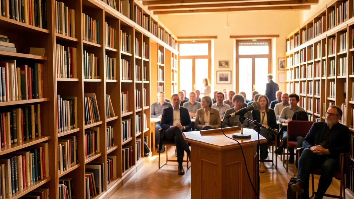 Imatge genèrica d'una biblioteca amb un faristol i llibres.