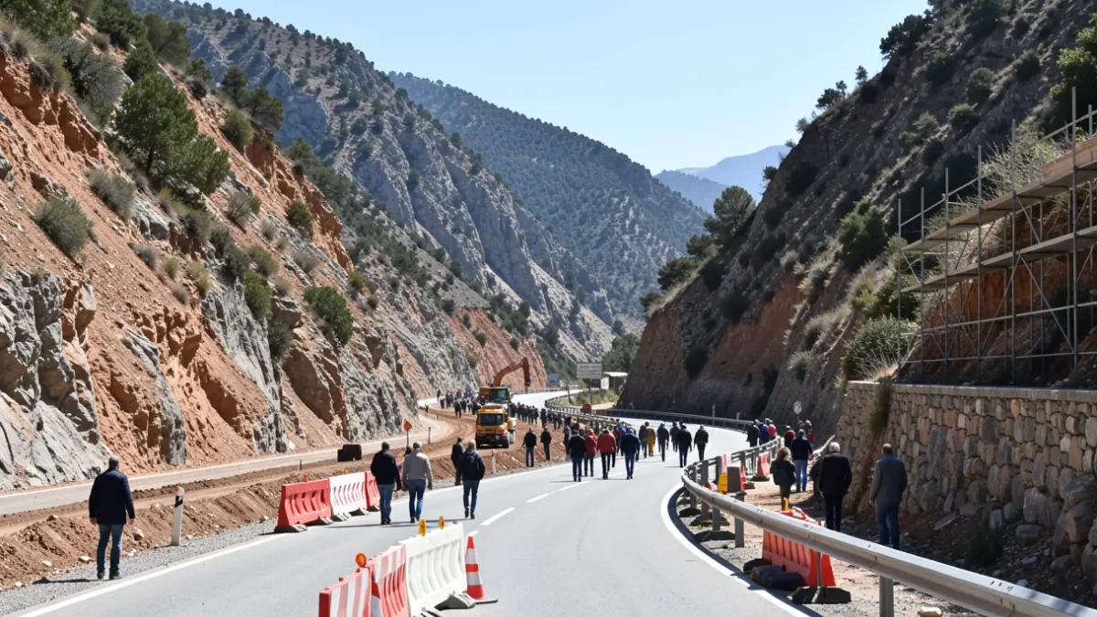 Roadworks on the C-28 at the Port de la Bonaigua, with barriers and construction equipment.