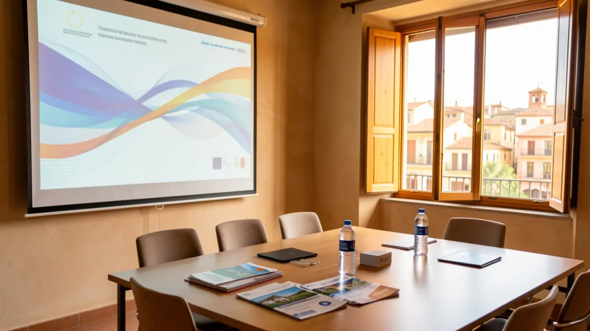 Sala de reuniones con pantalla de proyección sobre fondos europeos y vista de la ciudad de Tarragona.