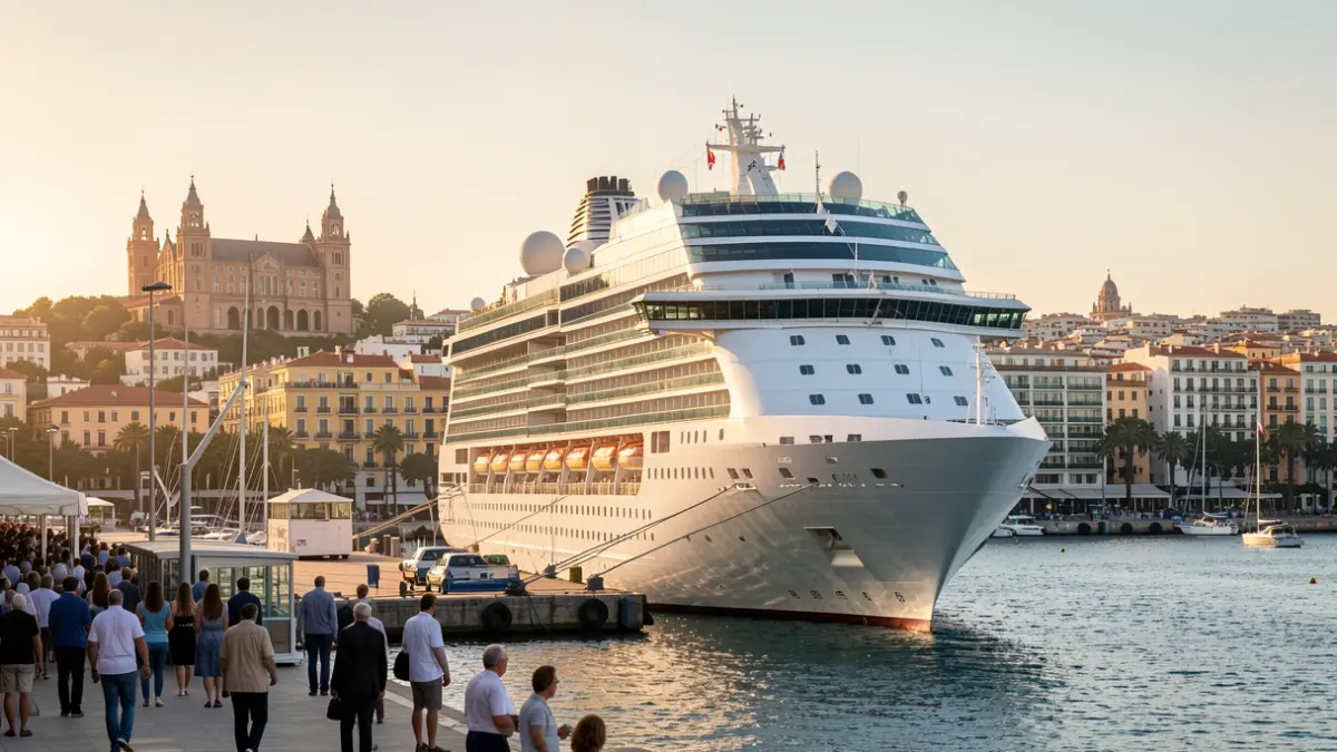 Un creuer de gamma alta atracat al port de Tarragona, amb la ciutat al fons sota una llum càlida.
