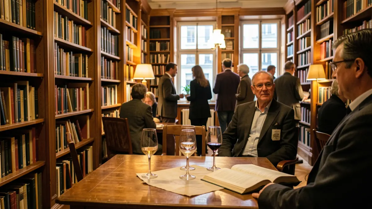 Interior d'una biblioteca amb prestatgeries plenes de llibres i una taula preparada per a un tast de vins i lectura.