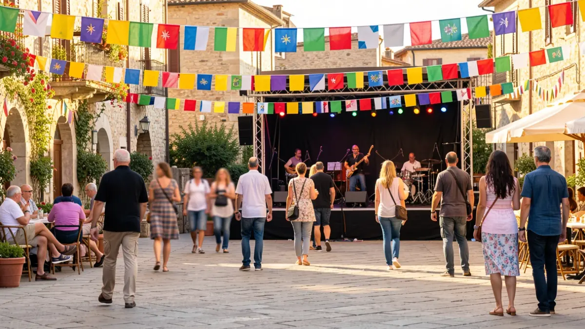 Generic image of a Catalan town square during a local festival with a stage and people in the background.