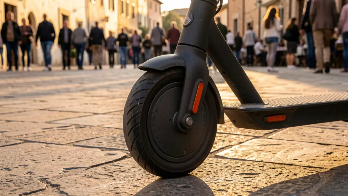Roda d'un patinet elèctric aparcat en una plaça de Tàrrega amb llum de vespre.