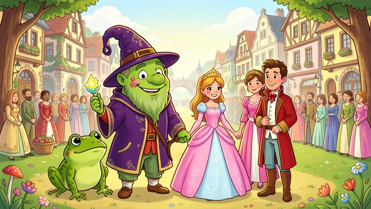 Il·lustració d'un bruixot, una princesa, un príncep i una granota per a una obra de teatre infantil.