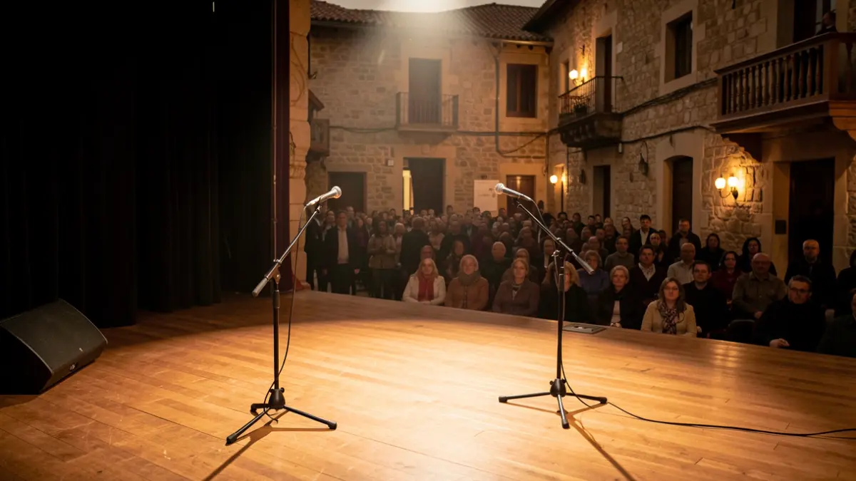 Escenario vacío de un teatro comarcal catalán con micrófonos y foco.