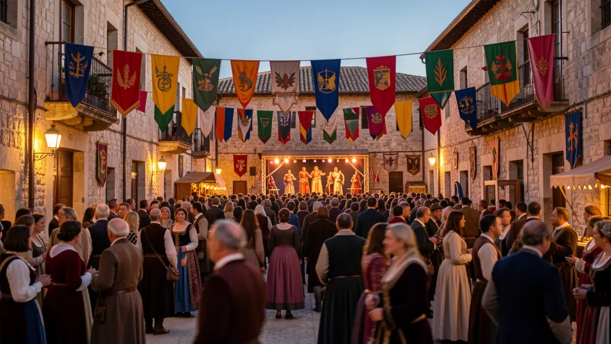 Ambient festiu medieval a la plaça d'un poble català al capvespre, amb gent i activitats.