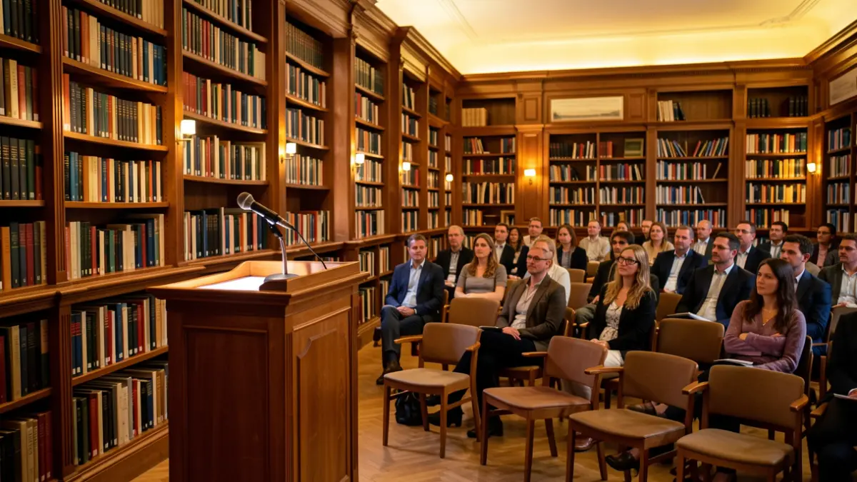 Generic image of a library with books and a podium.
