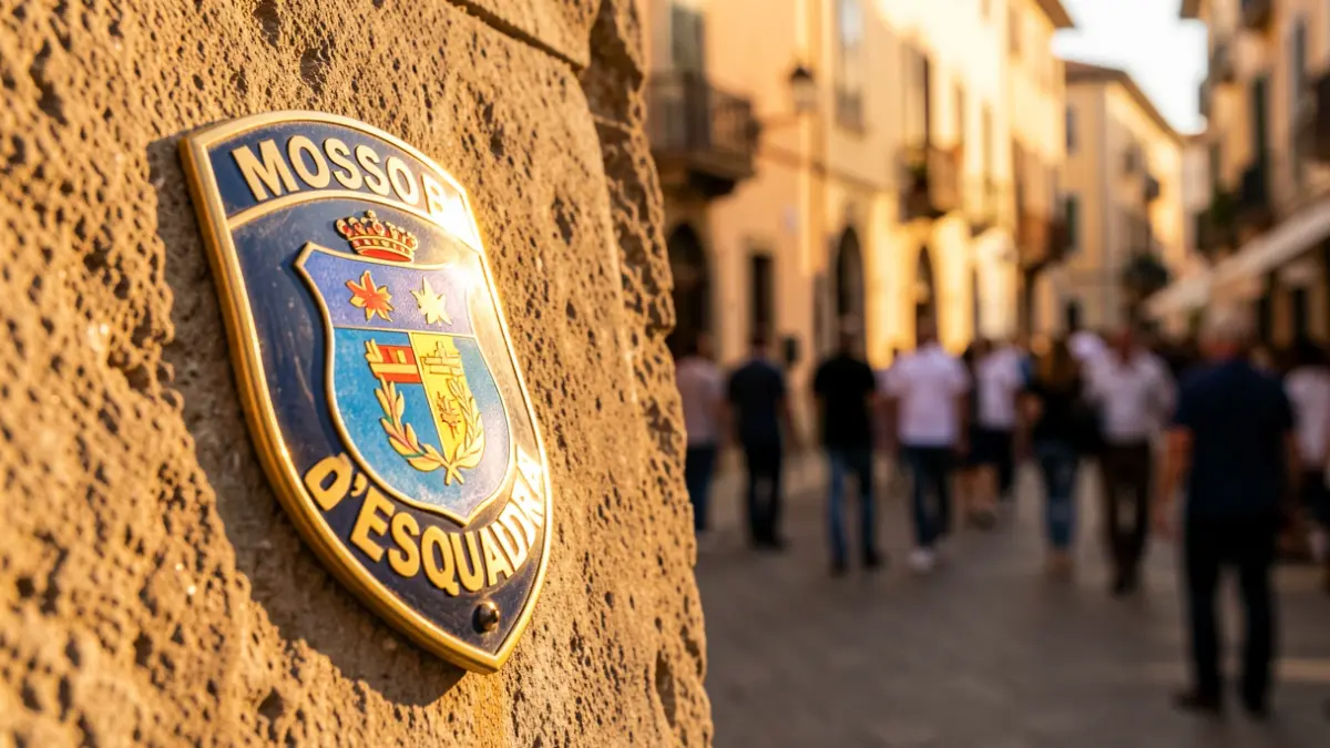Detalle de una placa de los Mossos d'Esquadra con luz del sol.