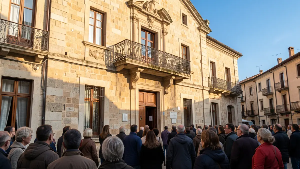 Fachada de l'Ajuntament de Torrelavit amb balcó i baranes de ferro, sota la llum del sol de la tarda.