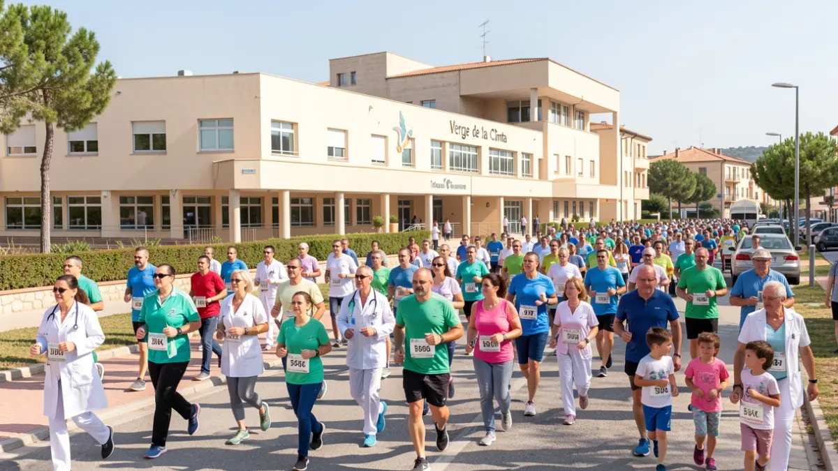 Gent participant en una cursa solidària davant l'Hospital Verge de la Cinta de Tortosa.