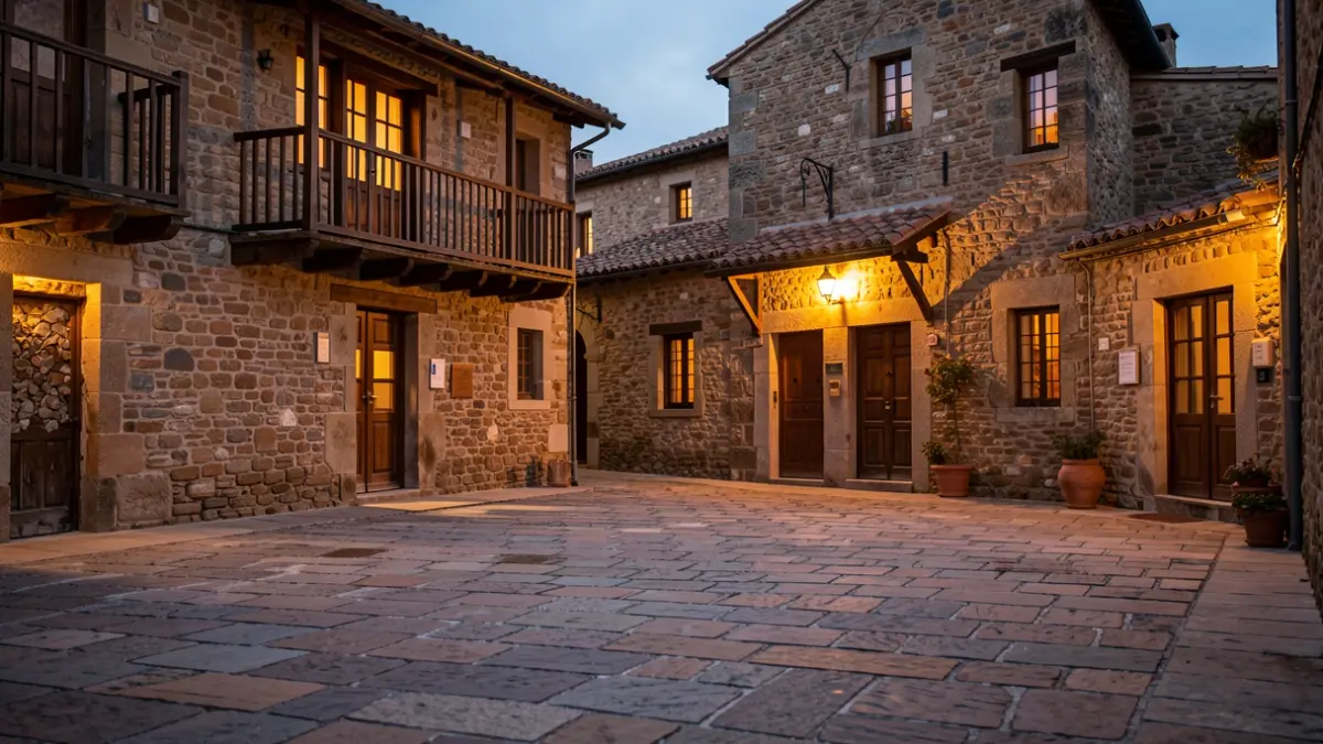 Generic image of a Catalan village square with warm lighting.