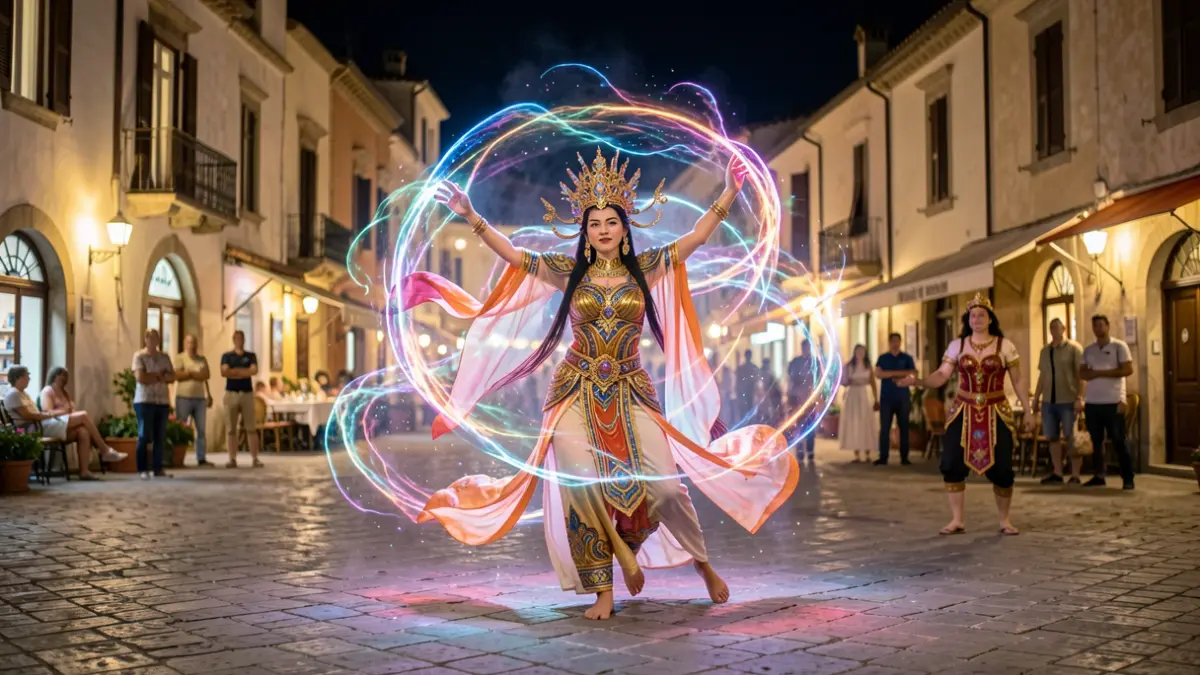 Espectáculo itinerante de luz y transformación inspirado en la diosa Nüwa.