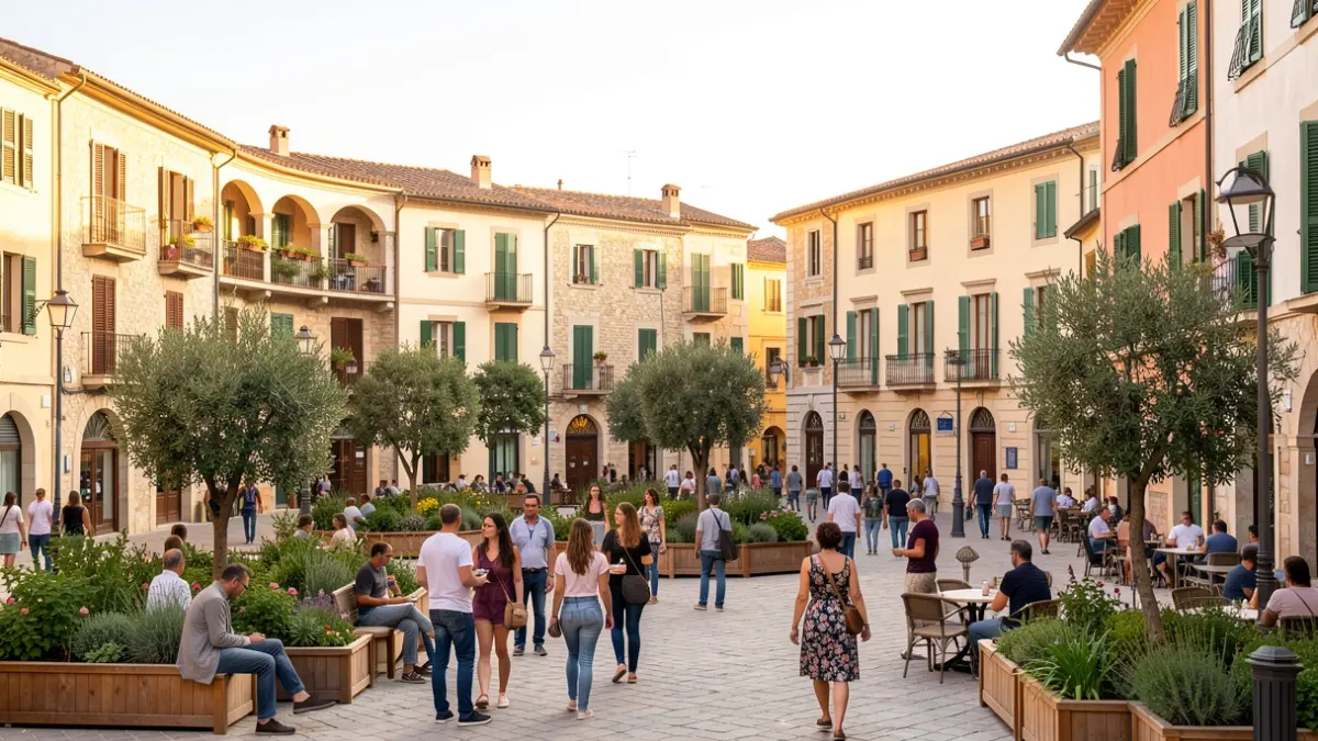 Imagen genérica de una plaza urbana catalana con elementos de regeneración.