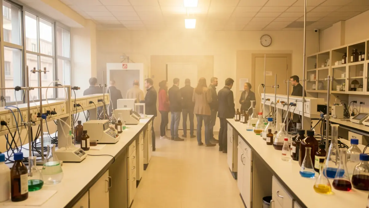 Laboratorio universitario con equipamiento científico y una leve neblina.