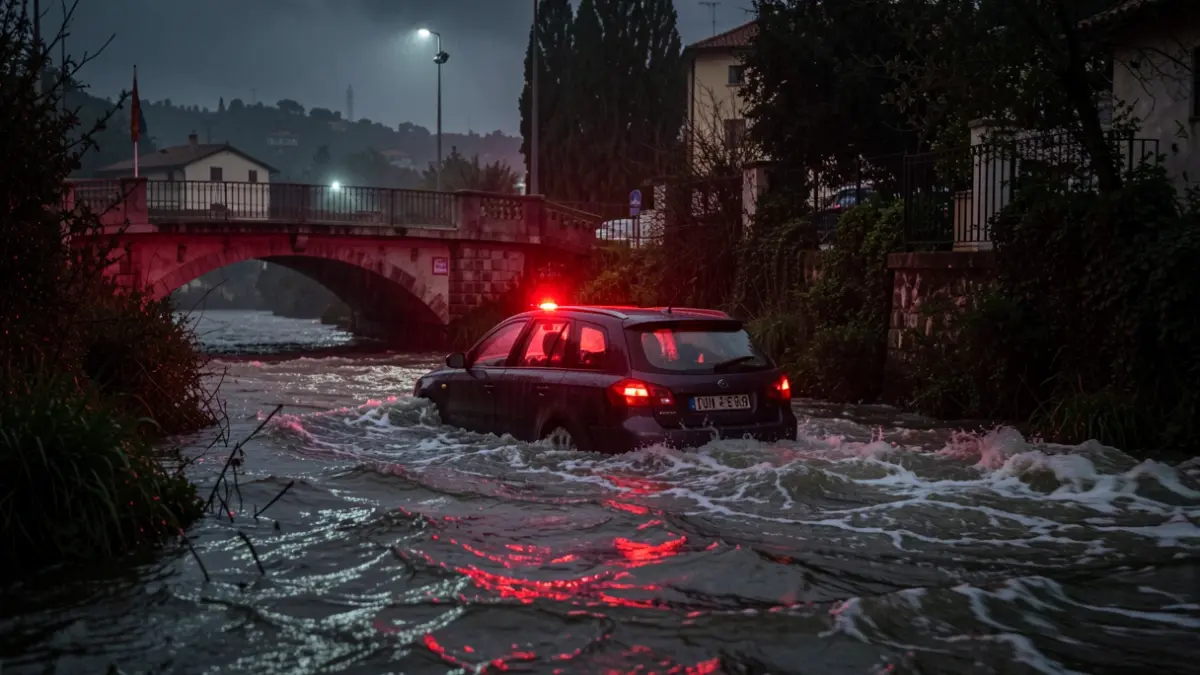 A car trapped by a flood in Olivella during a stormy night.