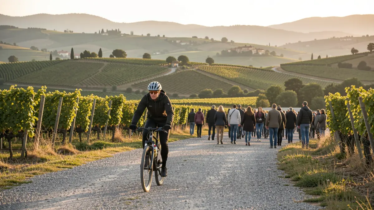 Cyclist enjoying the Vallès Oriental Gravel Route with vineyard landscape.