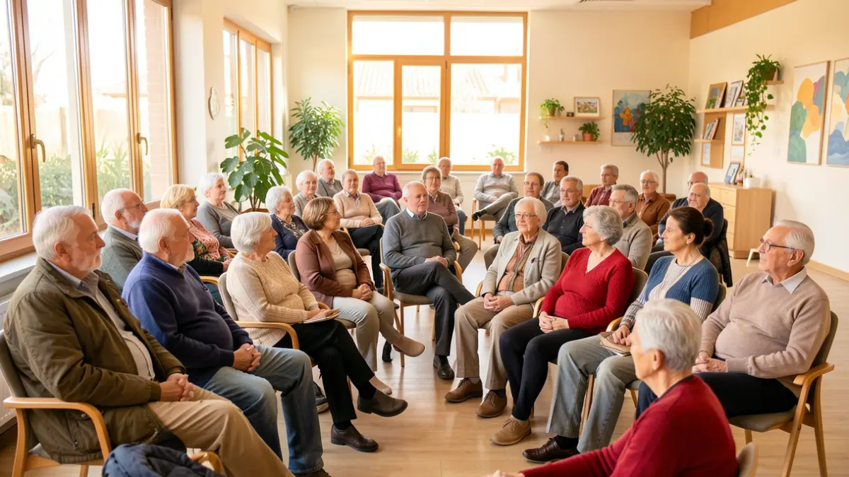 Grupo diverso de personas mayores en un centro comunitario en Cataluña.