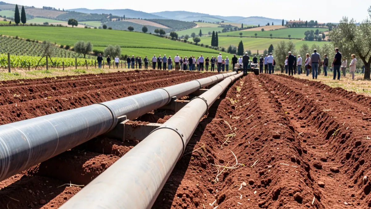 Imagen genérica de tuberías de irrigación en un campo arado.