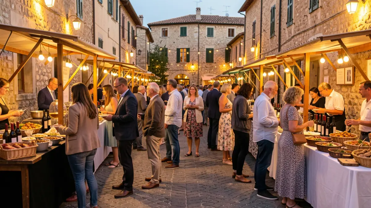 Imagen genérica de un festival gastronómico al aire libre con puestos de comida y vino.