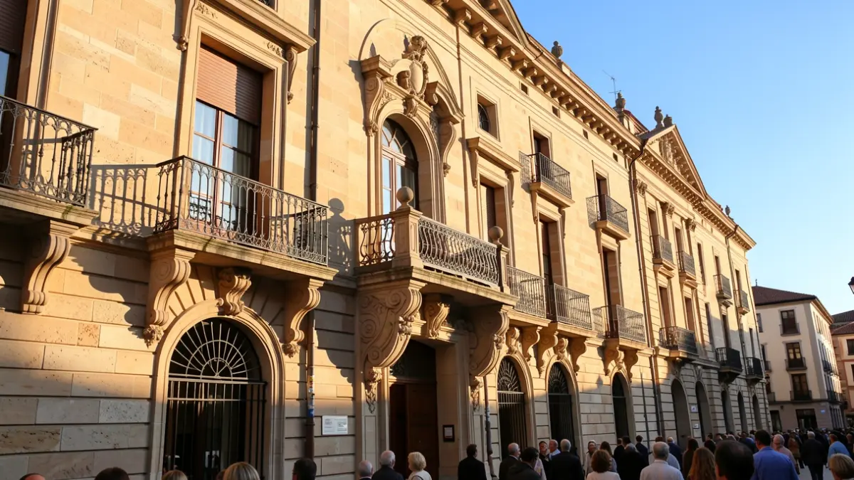 Generic image of a Catalunya town hall facade with balcony and iron railings, warm afternoon light, and blue sky.