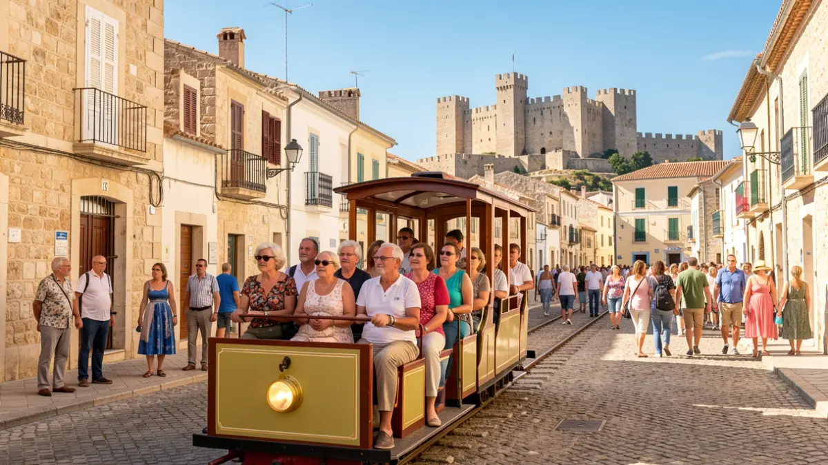 Group of residents from La Torre de Claramunt on a tourist train excursion in Peñíscola.
