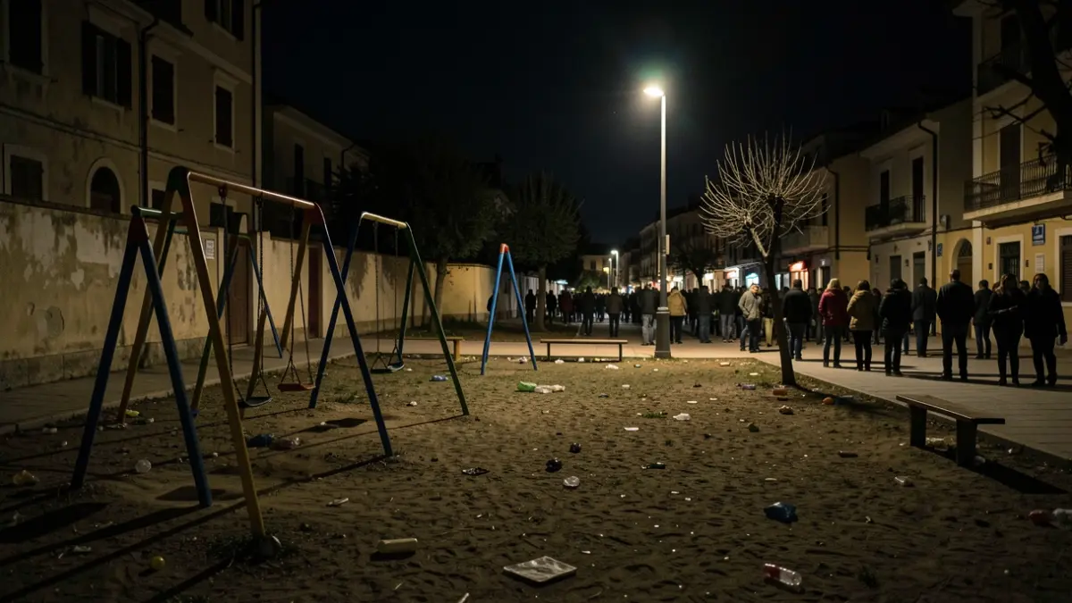 Dark and neglected children's playground at night, with poor public lighting.
