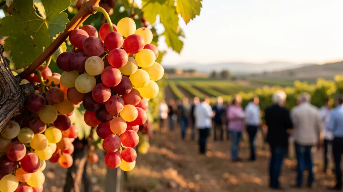 Ripe grapes on a vine at Mas dels Frares winery, with the cellar in the background.