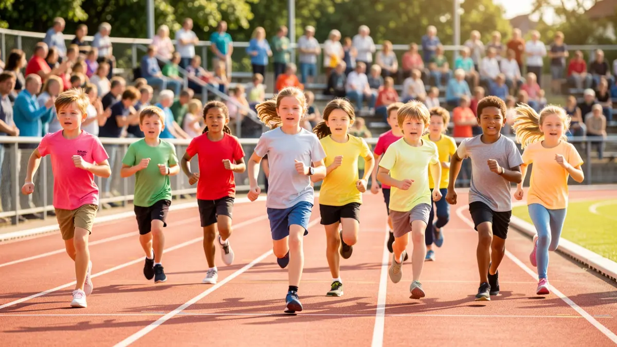 Children and young people with diverse abilities participating in an inclusive athletics race in Vic.