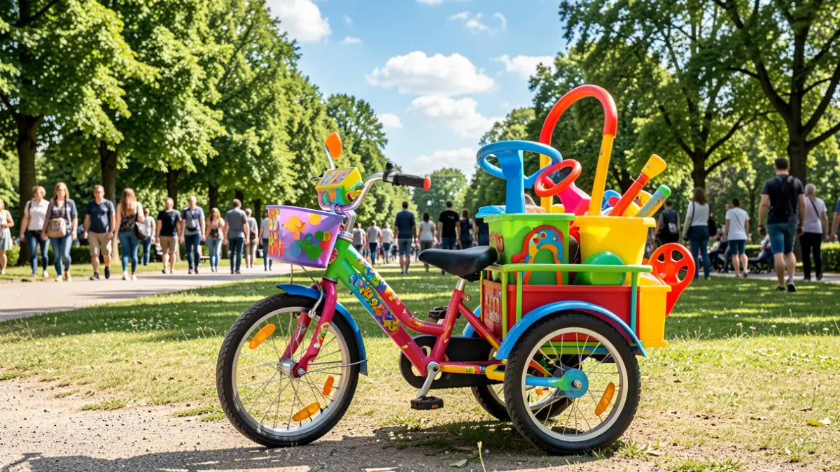 Itinerant tricycle with toys and play equipment in a sunny park.