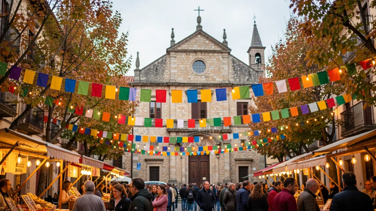 Imagen genérica de una plaza de pueblo catalán decorada para una fiesta mayor con luces y pancartas.