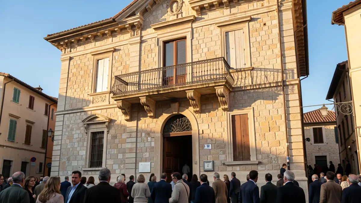 Generic image of a Mediterranean town hall facade with a balcony.